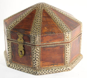 Large Asian Decorative Wooden Jewelry Box with Hammered Brass Metal Overlay
