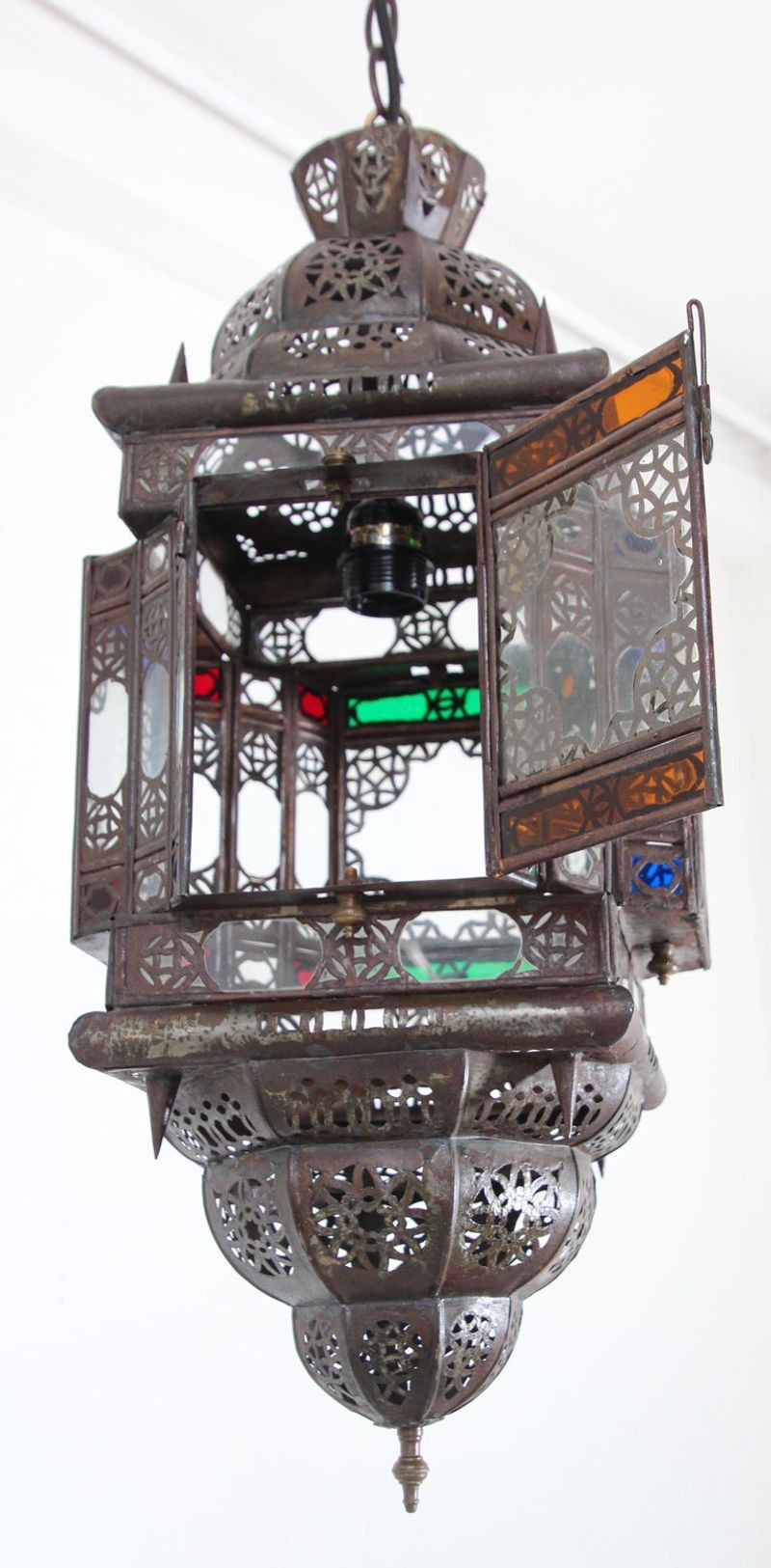 Vintage Moroccan Moorish Bronze Metal & Multicolor Glass Hanging Lantern