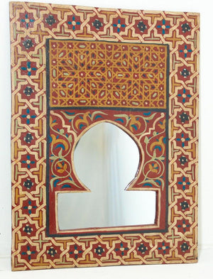 Vintage Moroccan Mirror Hand Painted with Red and Amber Moorish Design