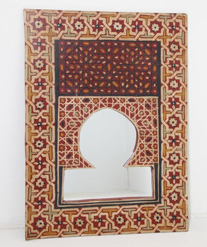 Vintage Moroccan Mirror Hand Painted with Red Moorish Design