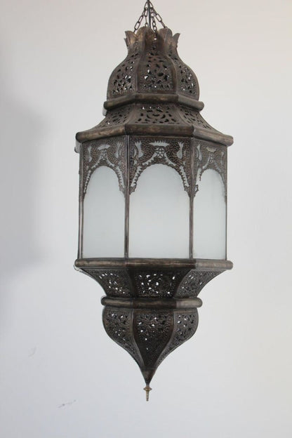 Moroccan Moorish Hanging Metal Lantern with Milky Glass