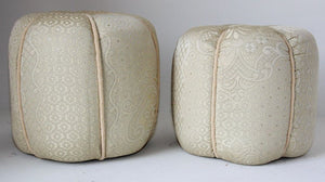 Pair of Art Deco Style Pouf in White Upholstered Round Stools
