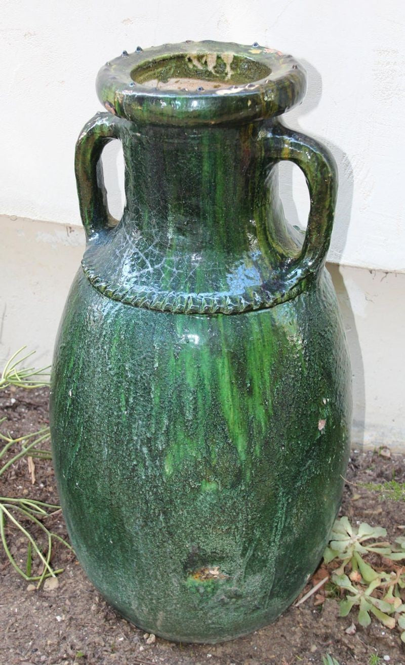 Vintage Moroccan Tamgroute Green Olive Jar with Handles