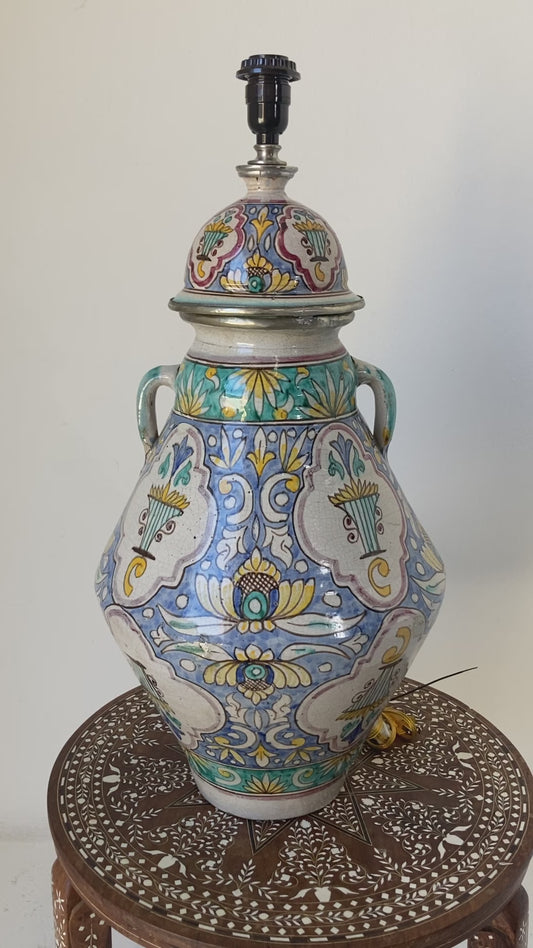 Large Vintage Moroccan Fez Polychrome Ceramic Urn Table Lamp, Moorish Design