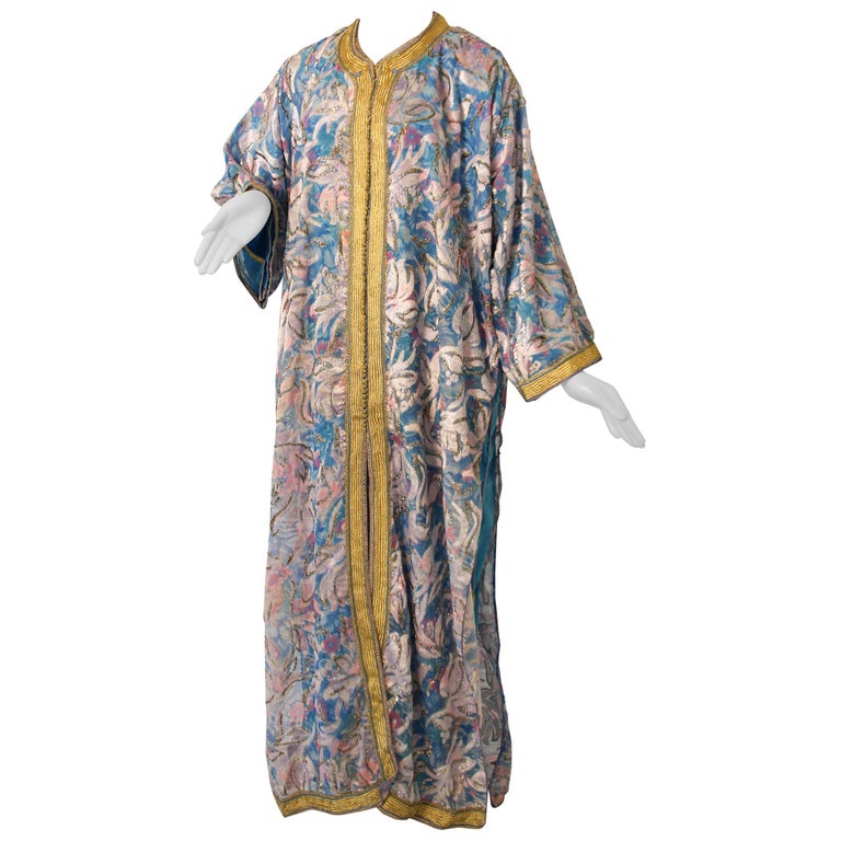 Moroccan Kaftan in Gold and Blue Floral Brocade Metallic Lame