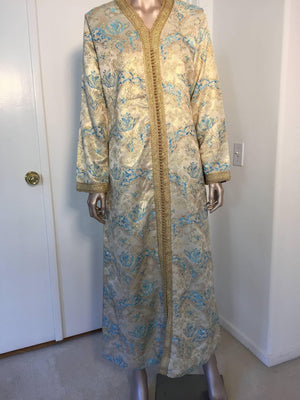 Moroccan Caftan, Turquoise and Gold Brocade Kaftan Size M to L