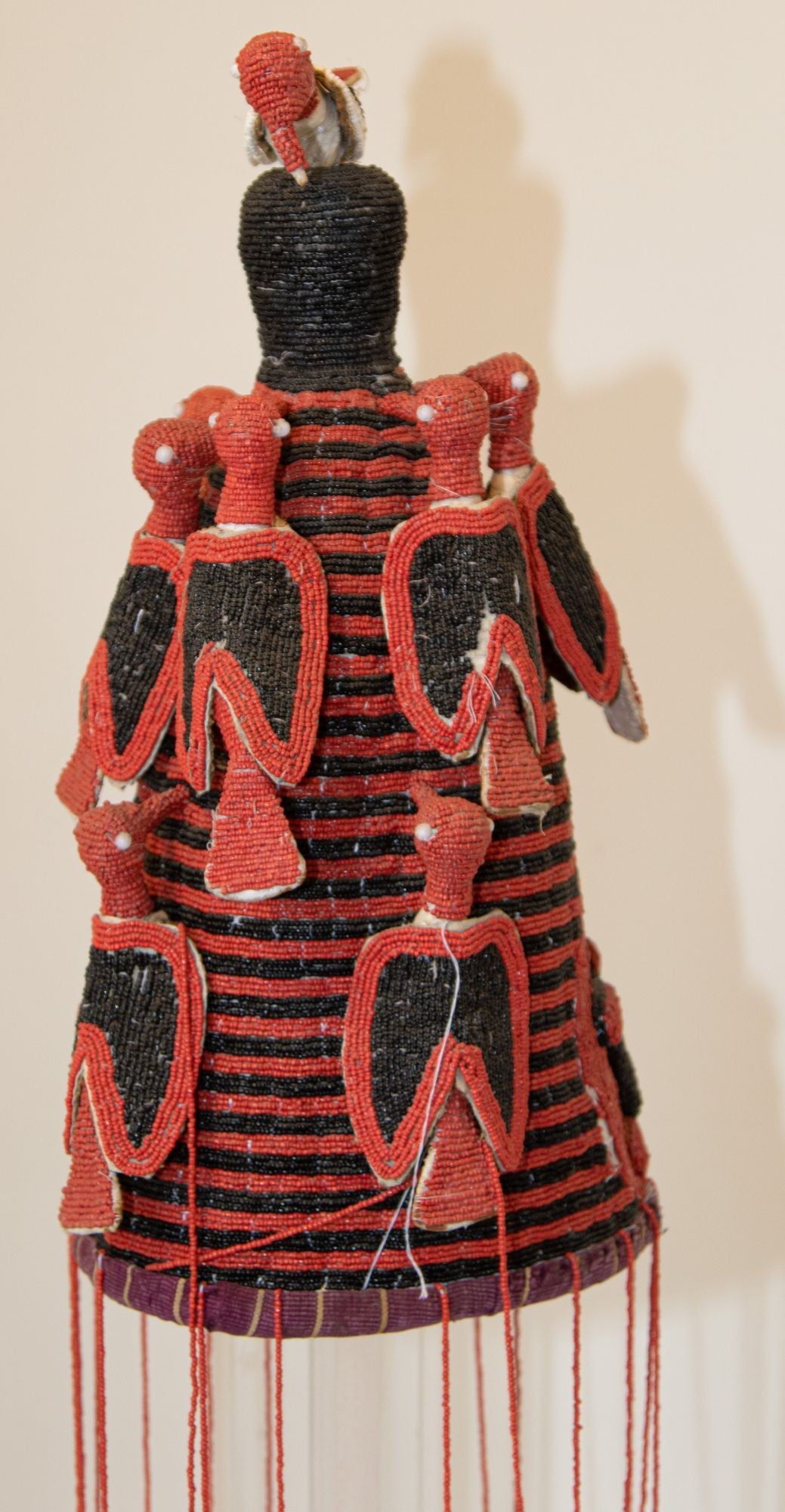 Yoruba Nigeria African Red Royal Beaded Headdress Crown on Lucite Stand