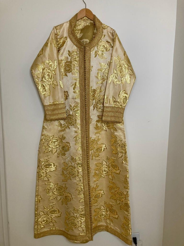 Moroccan Caftan Gold Damask Embroidered, Vintage, 1960s