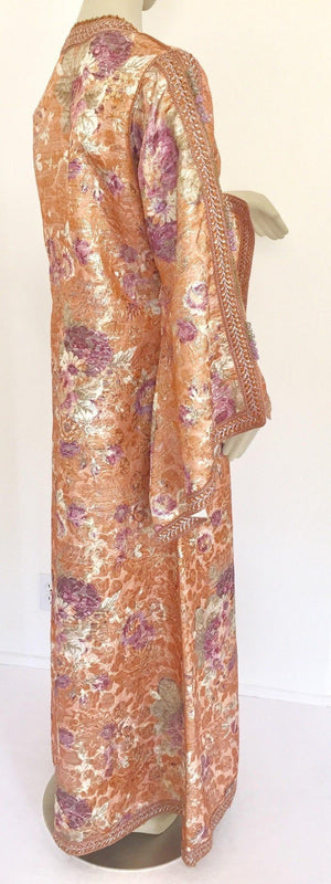 Moroccan Kaftan Orange and Purple Floral with Gold Embroidered Maxi Dress Caftan