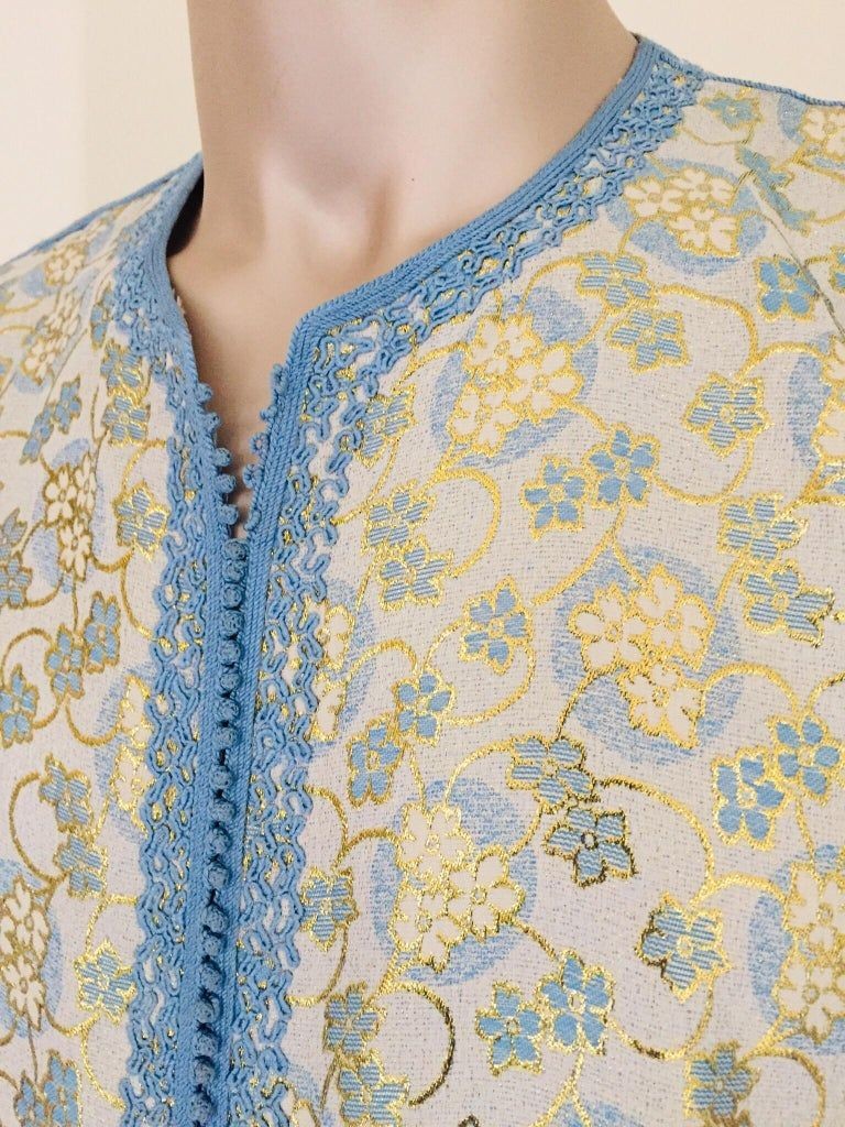 Metallic Blue and Silver Brocade 1970s Maxi Dress Caftan, Evening Gown Kaftan