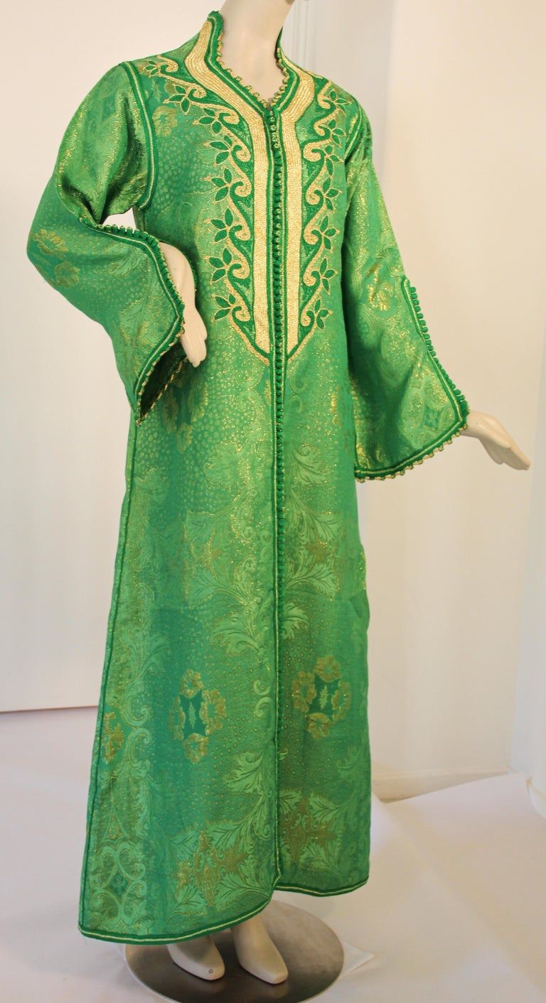 Elegant Moroccan Caftan Emerald Green and Gold Metallic Brocade