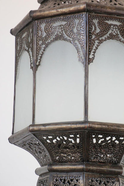 Moroccan Moorish Hanging Metal Lantern with Milky Glass