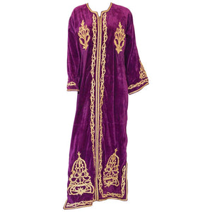 Moroccan Caftan Purple Velvet Embroidered with Gold Kaftan, circa 1970
