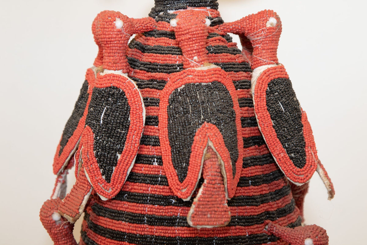 Yoruba Nigeria African Red Royal Beaded Headdress Crown on Lucite Stand