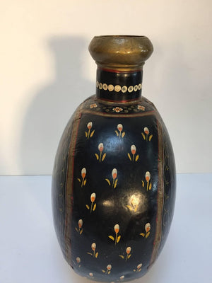 Metal Mughal Style Black Hand-Painted Water Jug Vase Rajasthan India