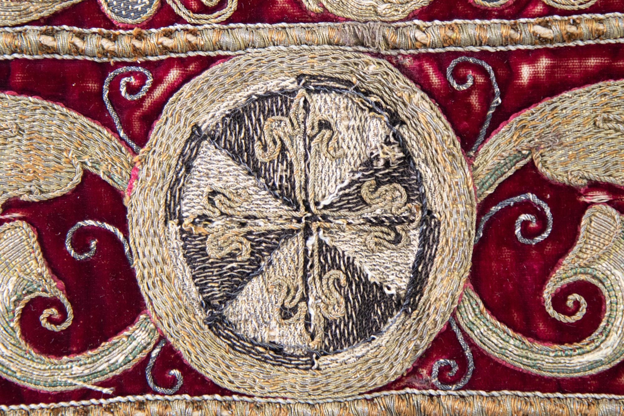 Antique Silk Velvet Lumbar Pillow with Metallic Gold Threads