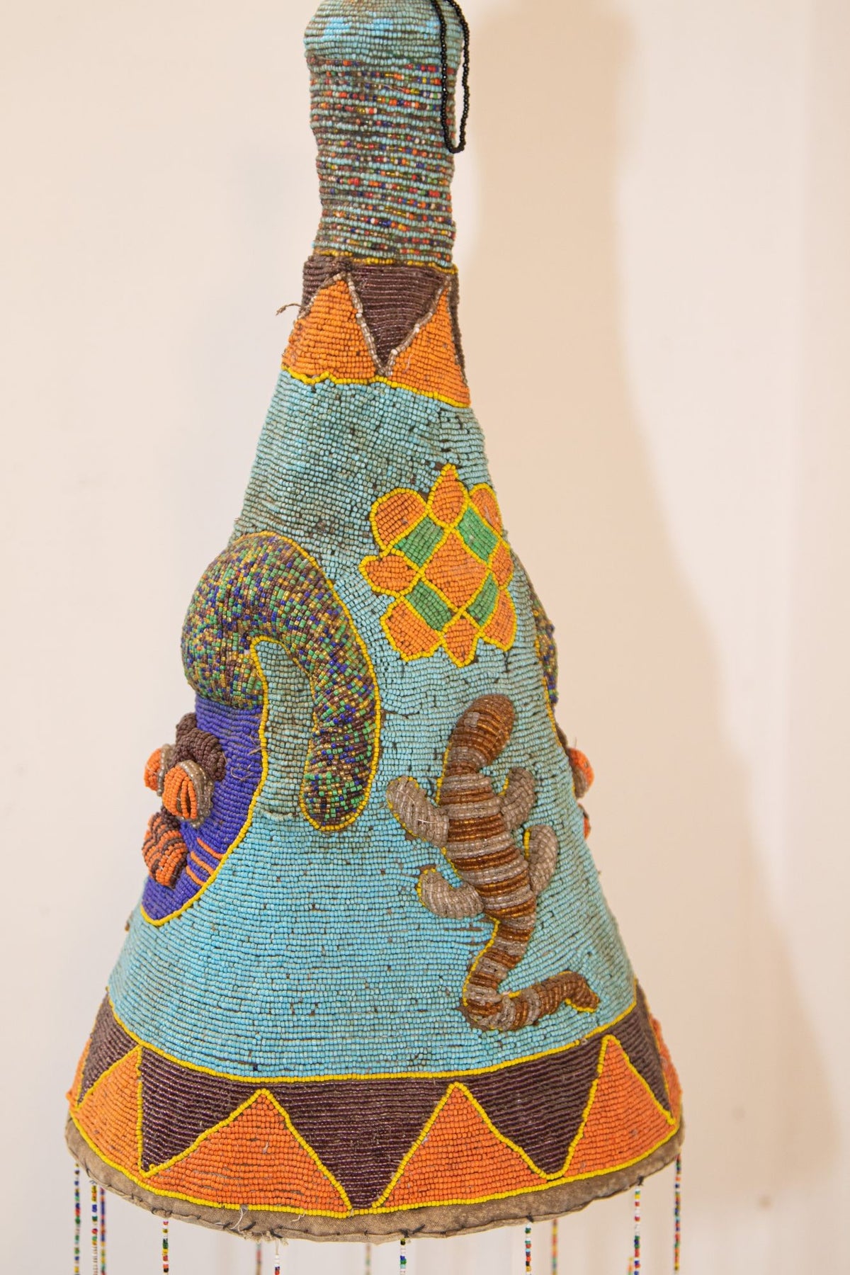 Yoruba Nigeria African Royal Beaded Headdress Crown on Lucite Stand