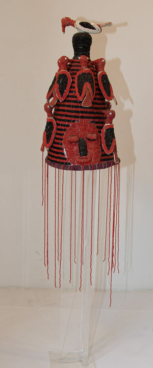 Yoruba Nigeria African Red Royal Beaded Headdress Crown on Lucite Stand