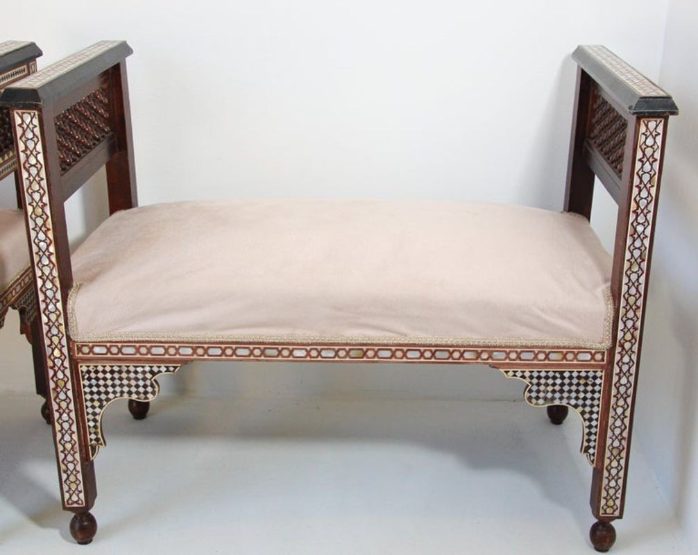Antique Moroccan Benches with Mosaic White Shell Inlay a Pair