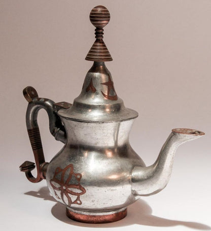 Handcrafted Tuareg Tea Pot, Pewter with Brass & Copper, 1950s