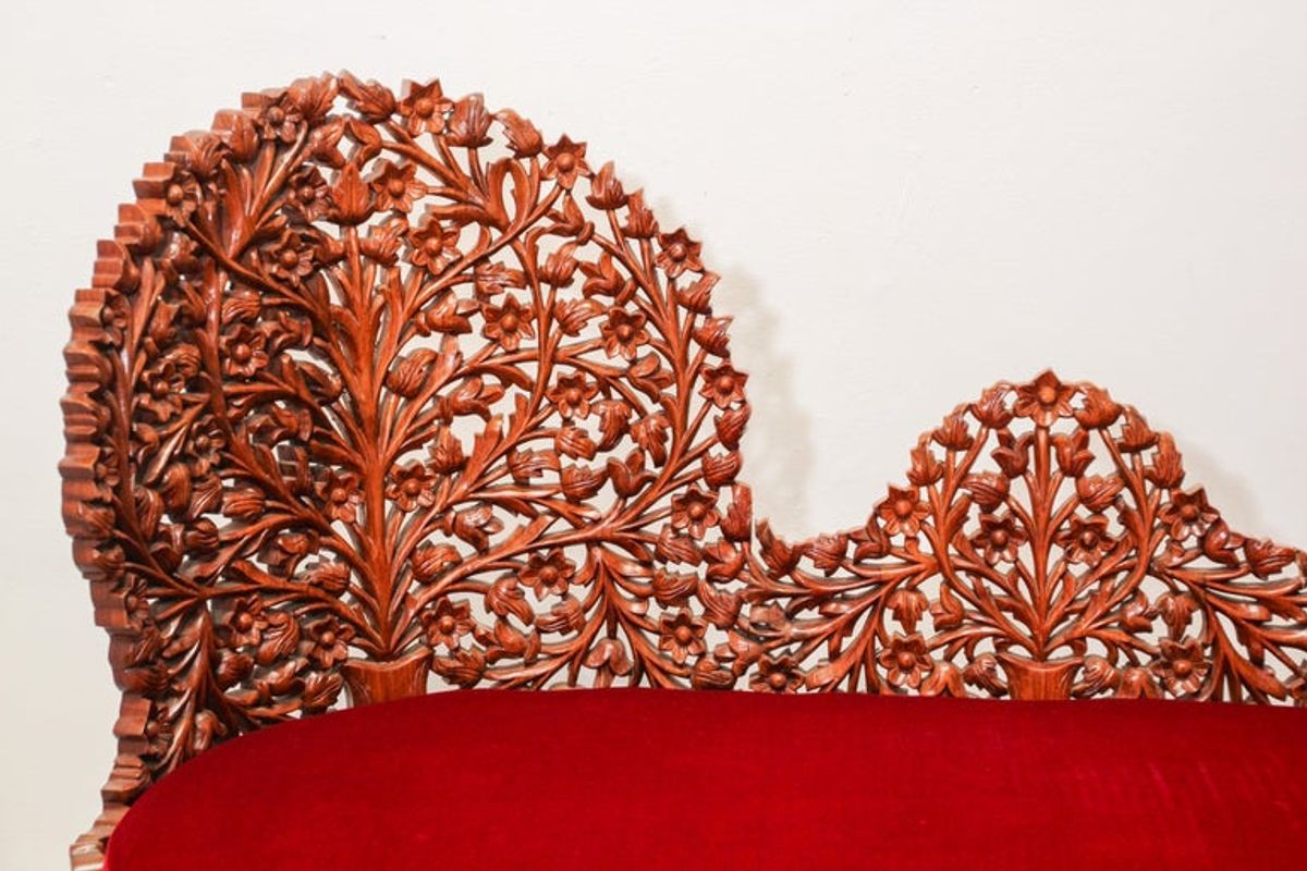 Anglo-Raj Settee with Open Back Hand Carved Tree of Life Back