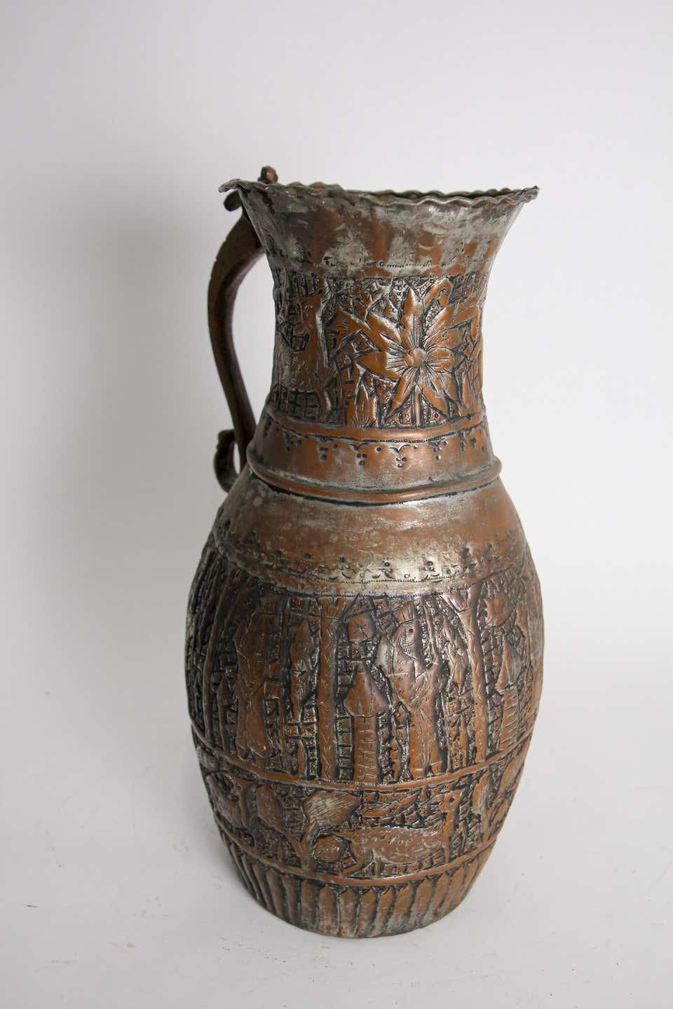 Antique 19th Century Moorish Tinned Copper Ewer, Hand-Hammered, Turkey