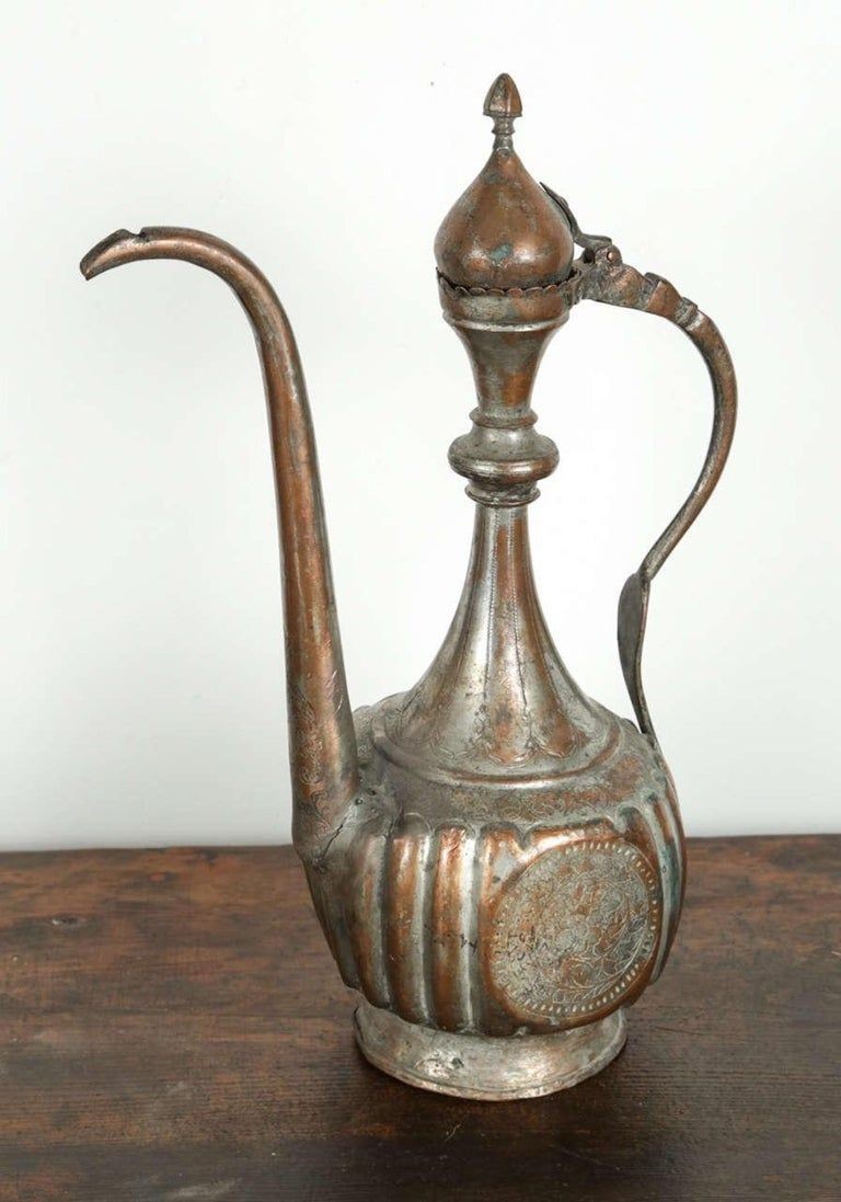 Antique 19th Century Ottoman Turkish Tinned Copper Ewer Ibrik, Islamic Metalwork