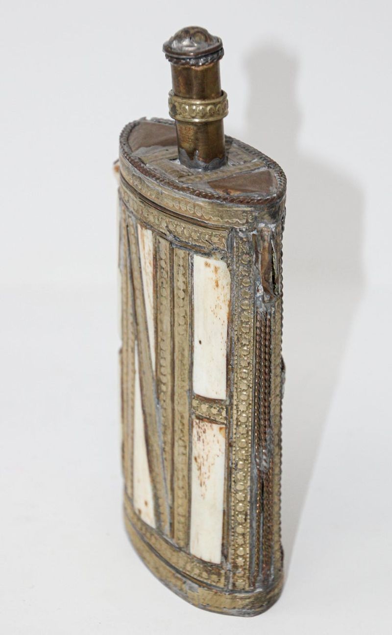 Moroccan Berber Tuareg Brass Powder Flask, Hand-Carved Folk Art, 1920