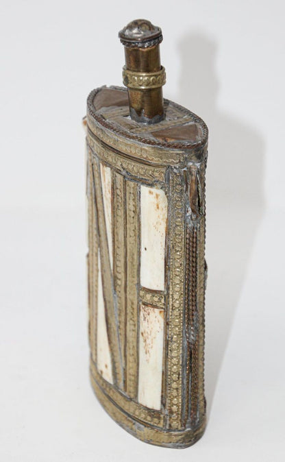 Moroccan Berber Tuareg Brass Powder Flask, Hand-Carved Folk Art, 1920