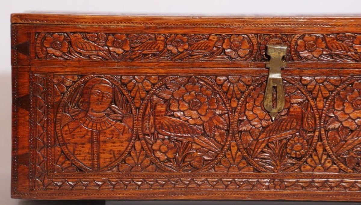 Large Early 19th Century Antique Hand Carved Wooden Mughal Decorative Box