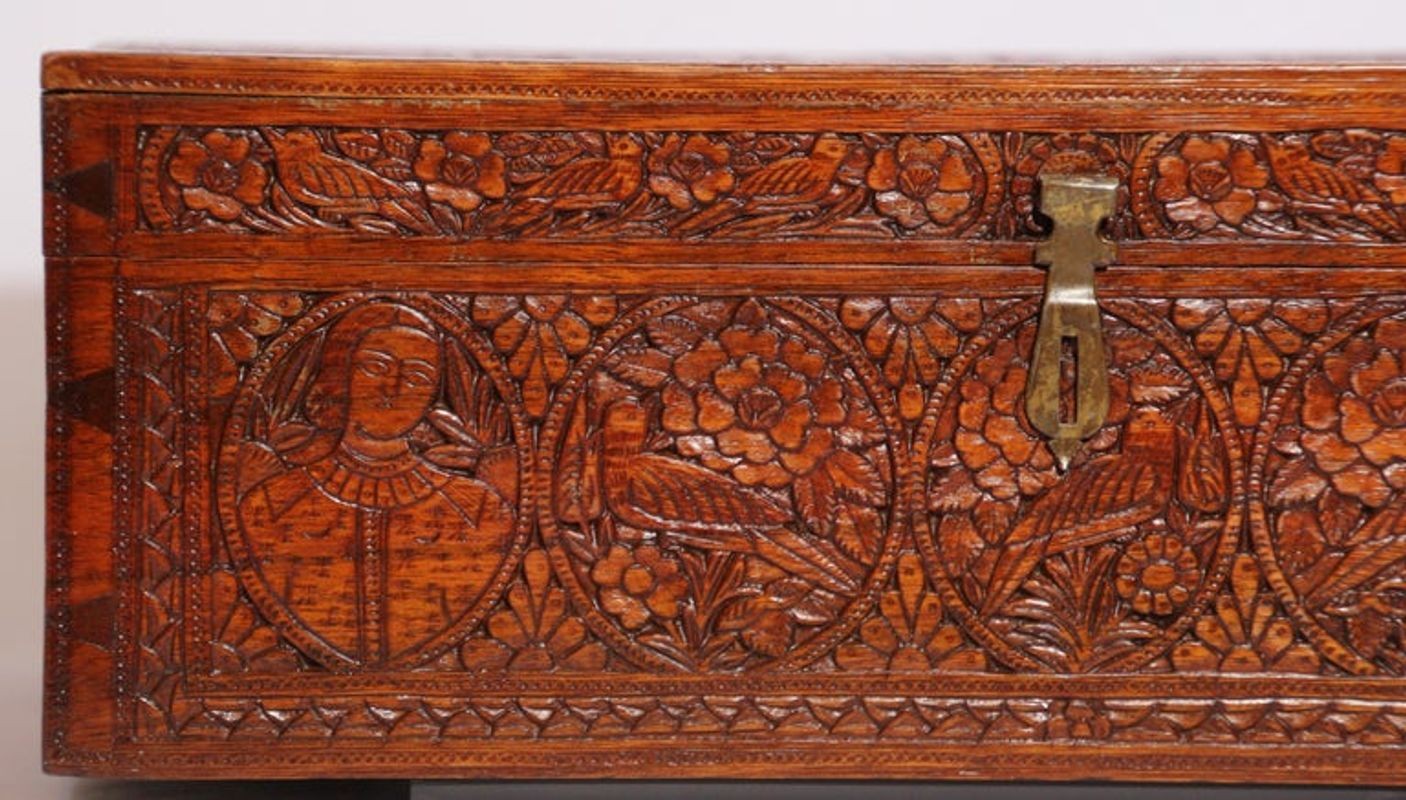 Large Early 19th Century Antique Hand Carved Wooden Mughal Decorative Box
