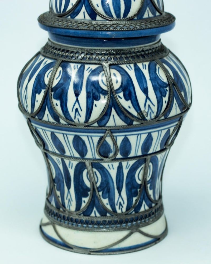 Moroccan Ceramic Vase from Fez Blue and White with Silver Filigree