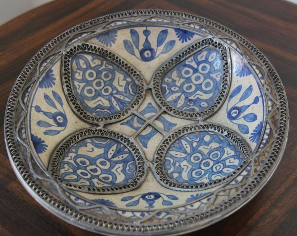 Moroccan Ceramic Blue Bowl Adorned with Silver Filigree from Fez Antique 1920s