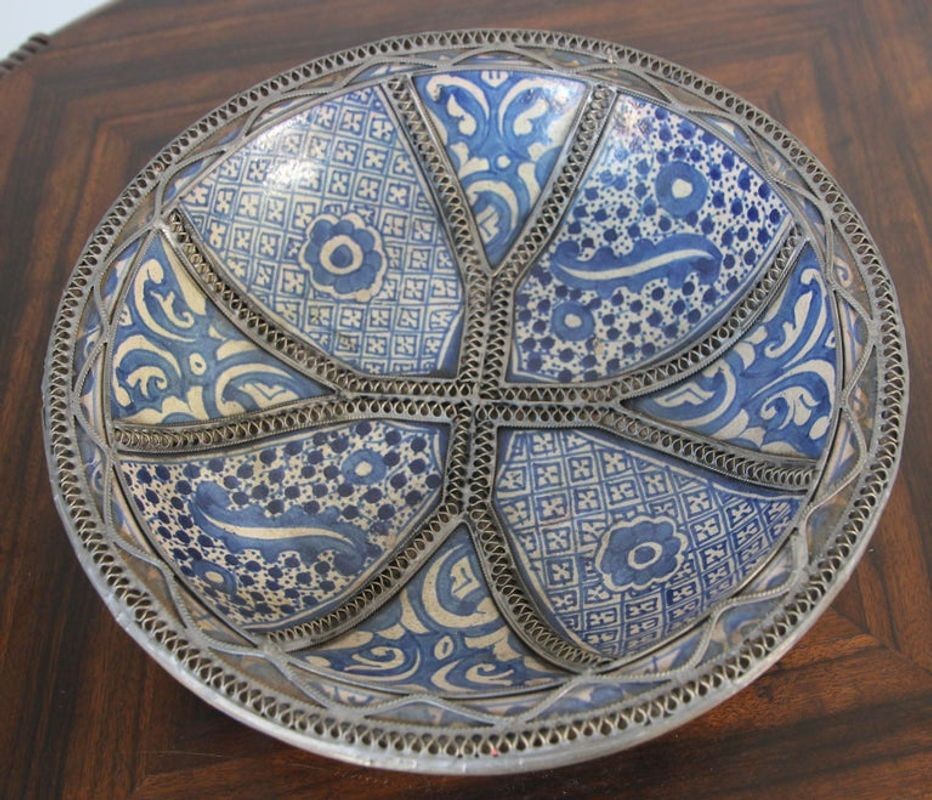 Moroccan Blue Ceramic Dish Bowl Adorned with Silver Filigree from Fez