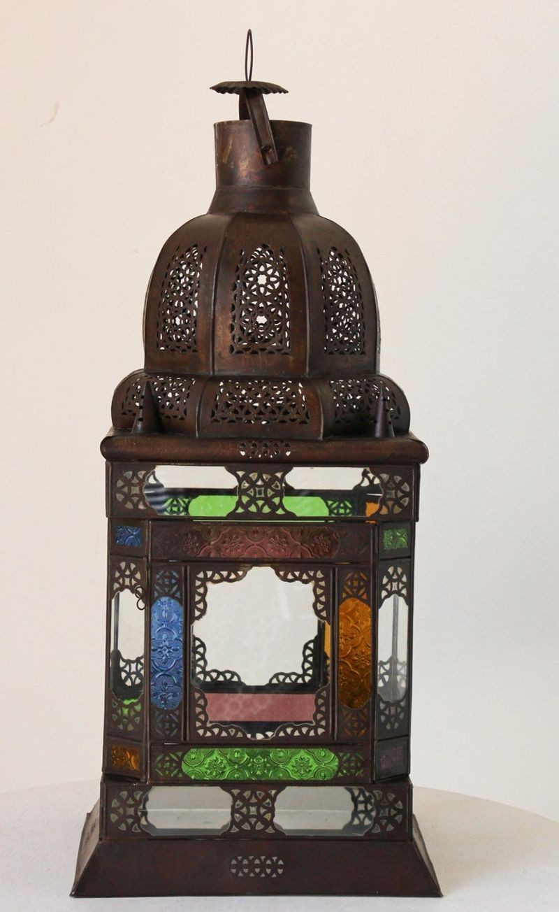 Vintage Moroccan Moorish Lantern by Berber Tribes, Metal & Glass, 1970