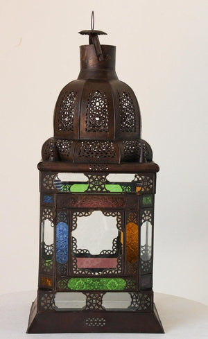 Moroccan Moorish Metal Lantern with Multicolor Glass