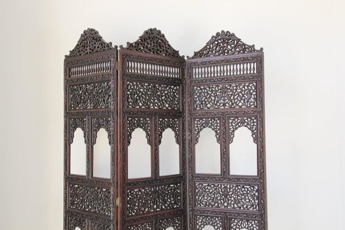19th Century Anglo-Indian Mughal Carved Hardwood Three-Panel Screen, circa 1880