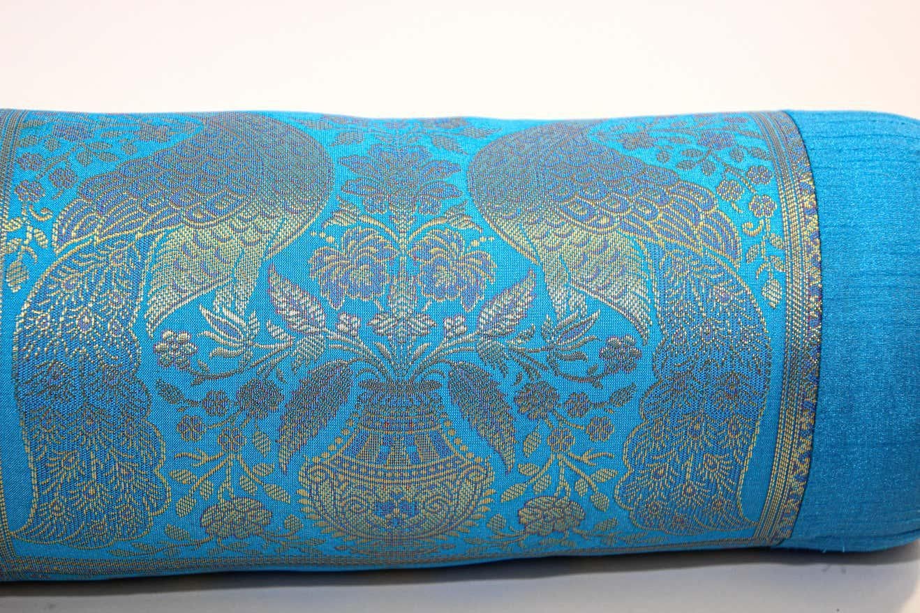 Bolster Pillows Turquoise Blue and Gold Colors with Peacock A