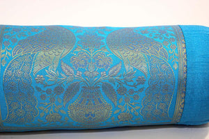 Bolster Pillows Turquoise Blue and Gold Colors with Peacock - A Pair