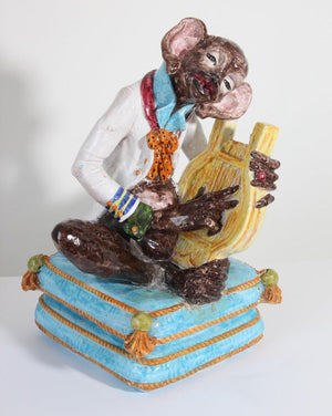 Majolica Terra Cotta Large Figure of a Monkey Playing the Harp