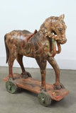 Pair of Monumental Indian Polychrome Carved Wood Horses on Wheels, 19th C.