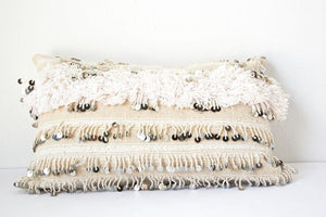Vintage Moroccan White Pillow with Silver Sequins and Long Fringes