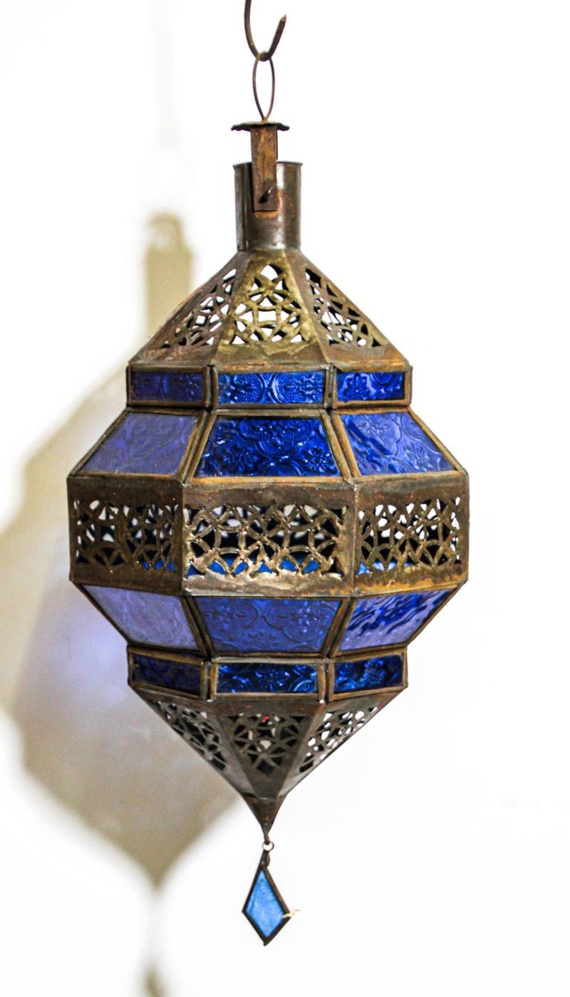 Handcrafted Moroccan Blue Glass Lantern Metal Octagonal Diamond Shape