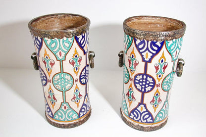 Handcrafted Moorish Ceramic Urns with Metal Handles, 20th Century