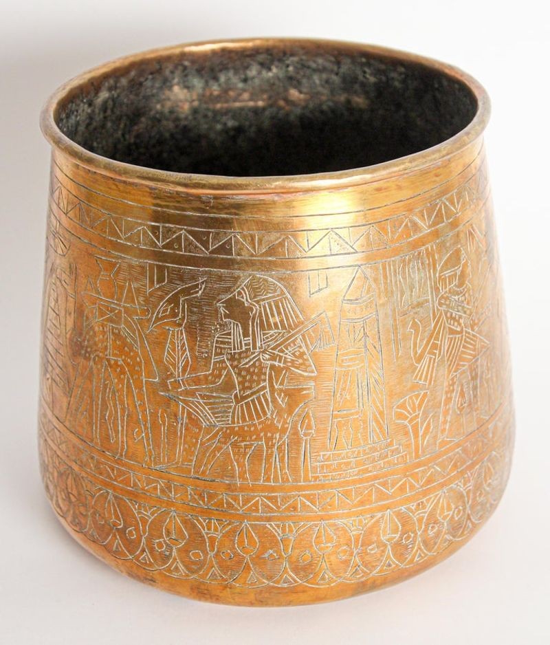 Hand Etched Egyptian Brass Vessel Jardiniere, 19th Century