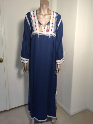Moroccan Vintage Blue Caftan, 1970 Maxi Dress Kaftan by Glenn Boston Size M