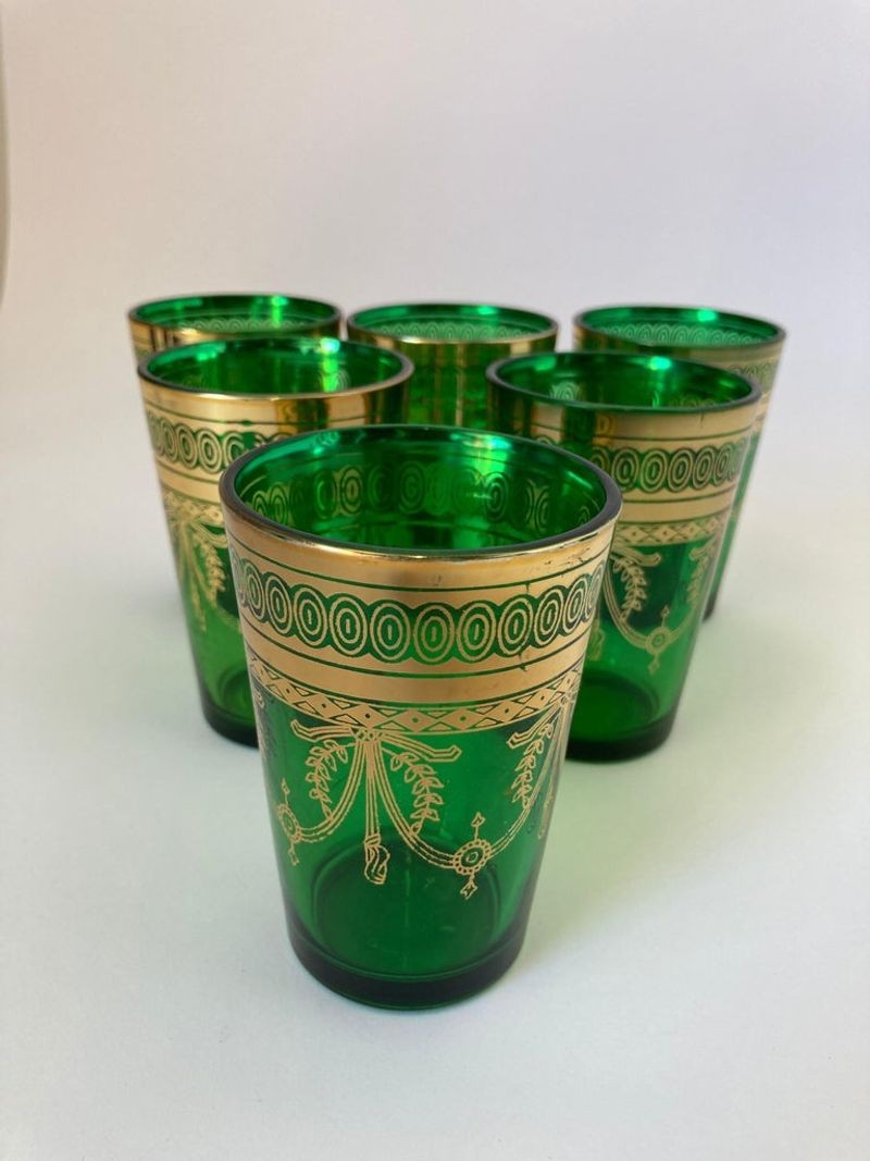 Set of Six Handblown Moroccan Moorish Green and Gold Glasses