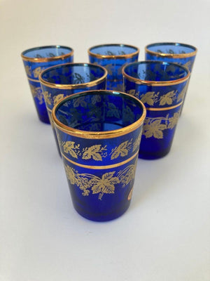 Set of Six Handblown Moorish Blue and Gold Glasses