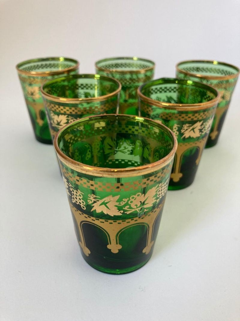Set of Six Handblown Moroccan Green and Gold Glasses