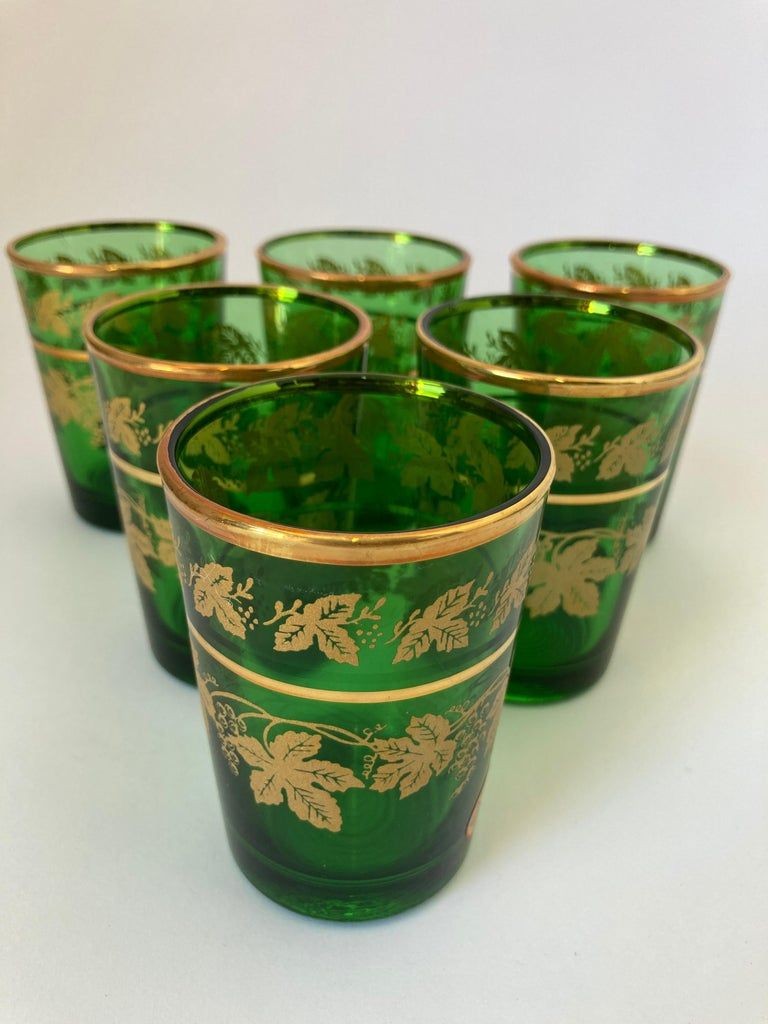 Set of Six Handblown Italian Moorish Green with Gold Shot Glasses